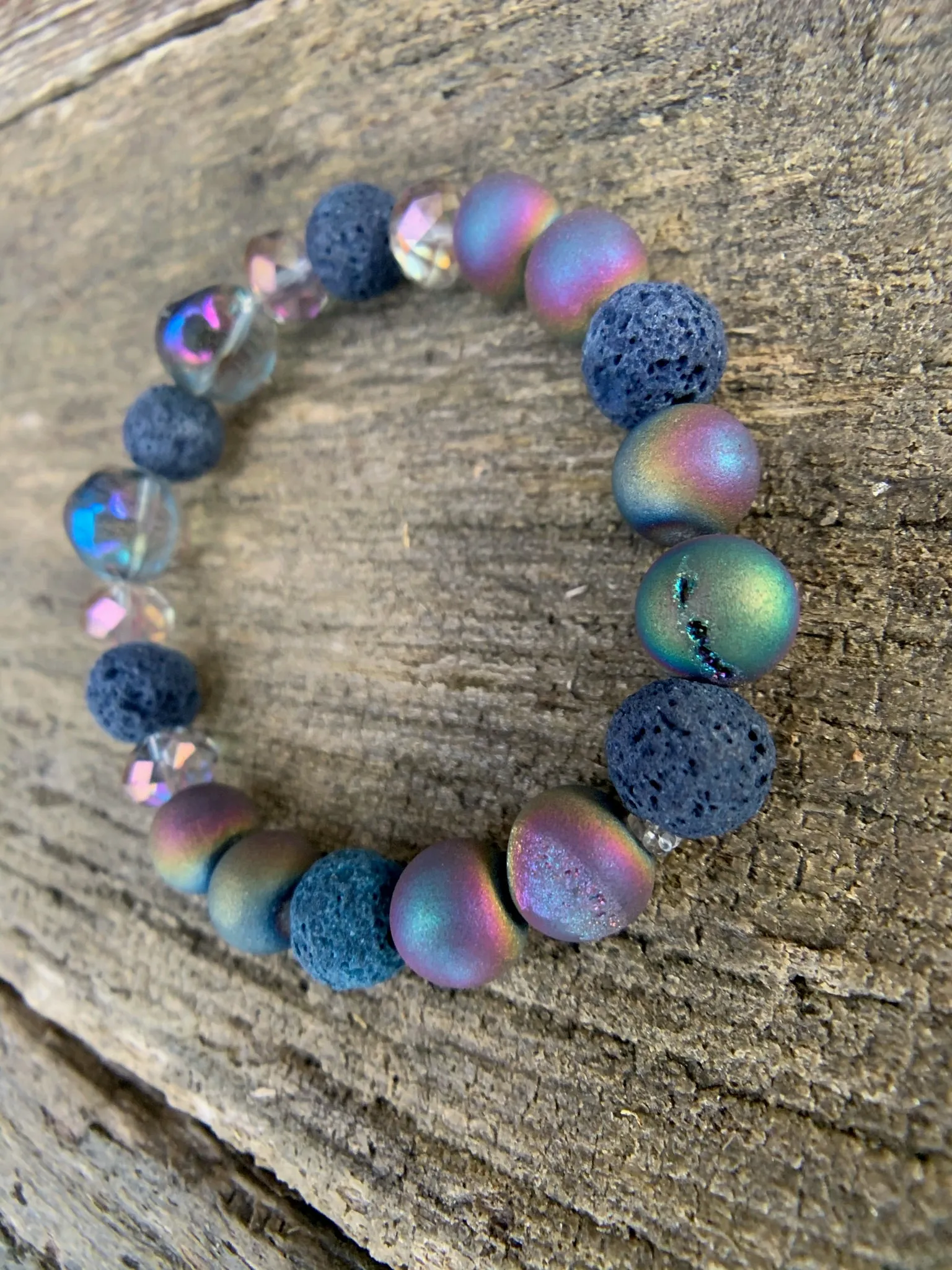 Multi Iris Agate Druzy Raw Lava & Glass Beaded Bracelet