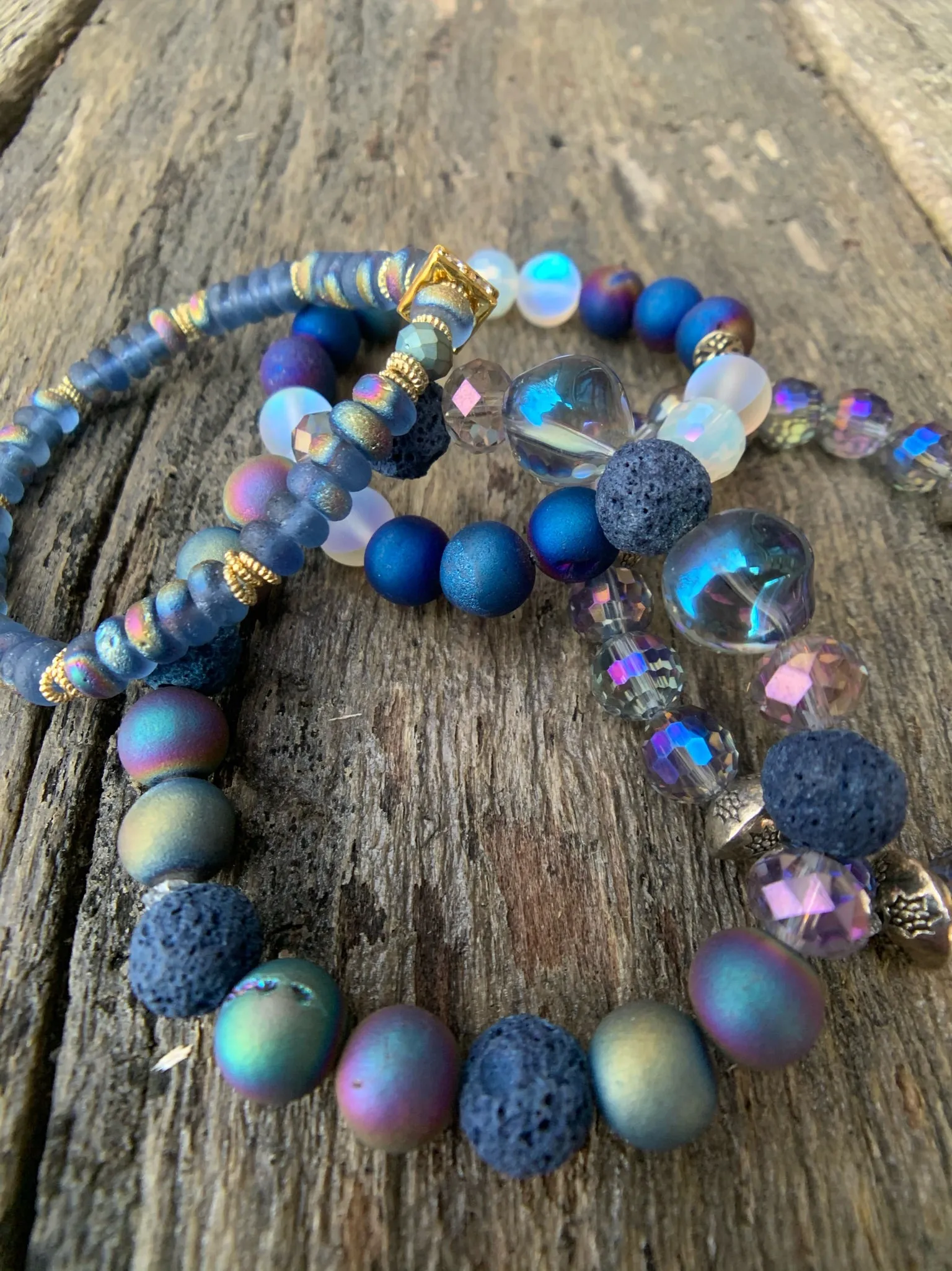 Multi Iris Agate Druzy Raw Lava & Glass Beaded Bracelet