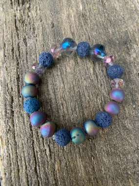 Multi Iris Agate Druzy Raw Lava & Glass Beaded Bracelet