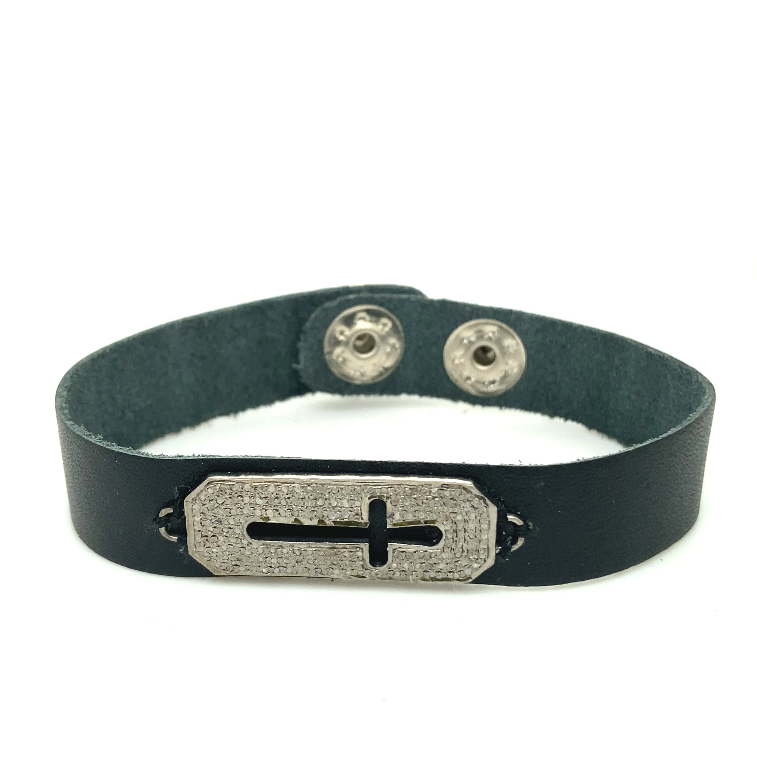 Narrow Leather & Diamond Cross Cuff