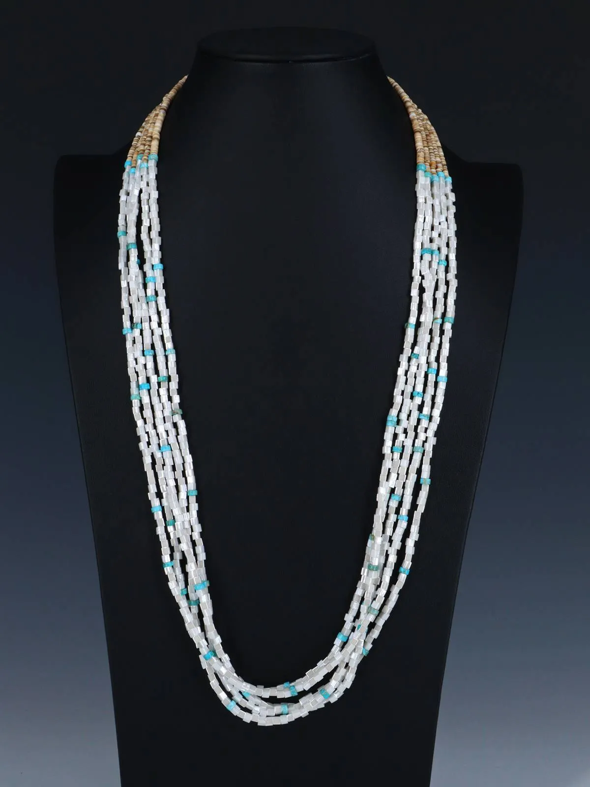 Native American Five Strand Mother of Pearl and Turquoise Necklace