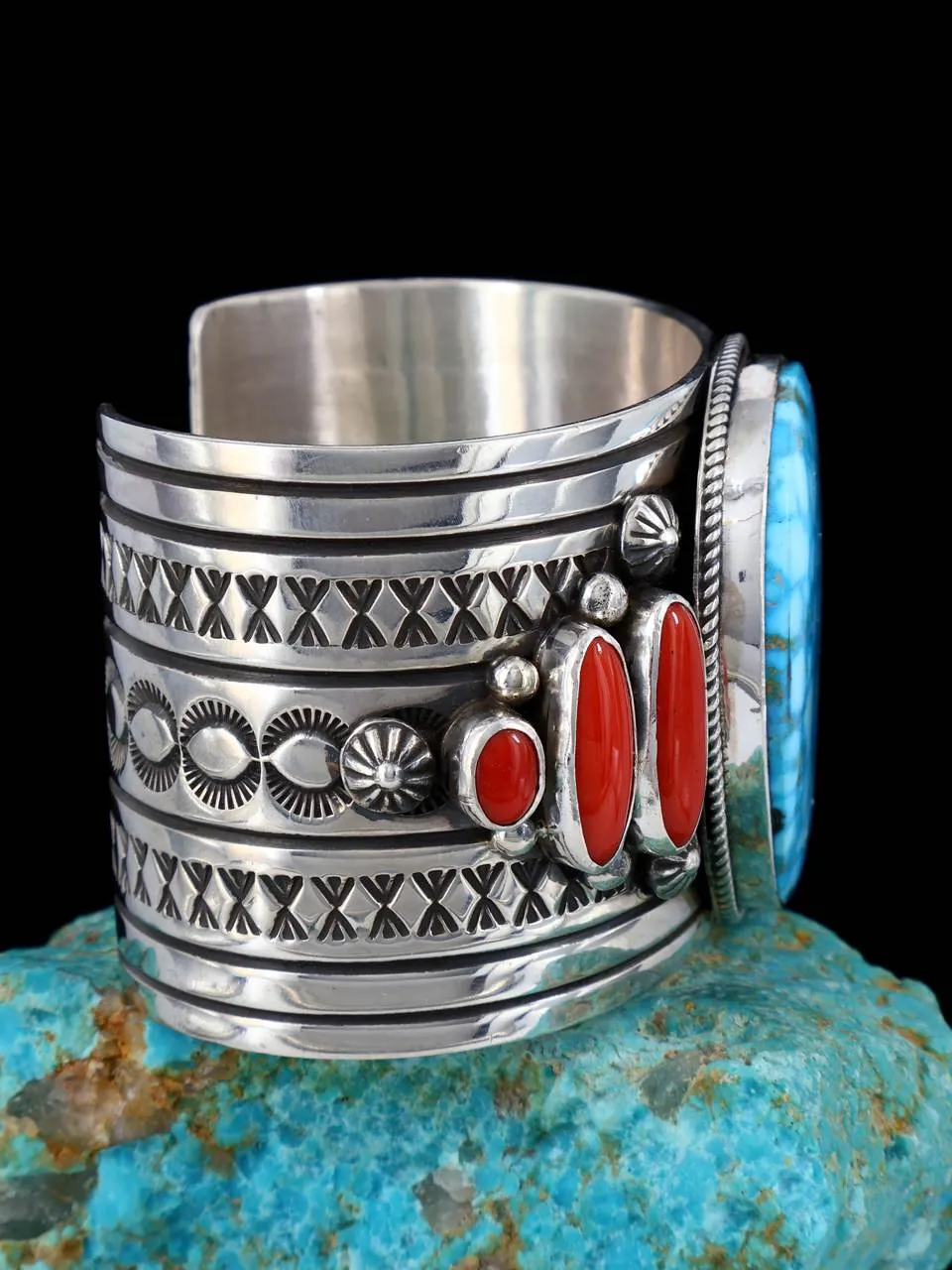 Native American Jewelry Kingman Turquoise & Coral Cuff Bracelet