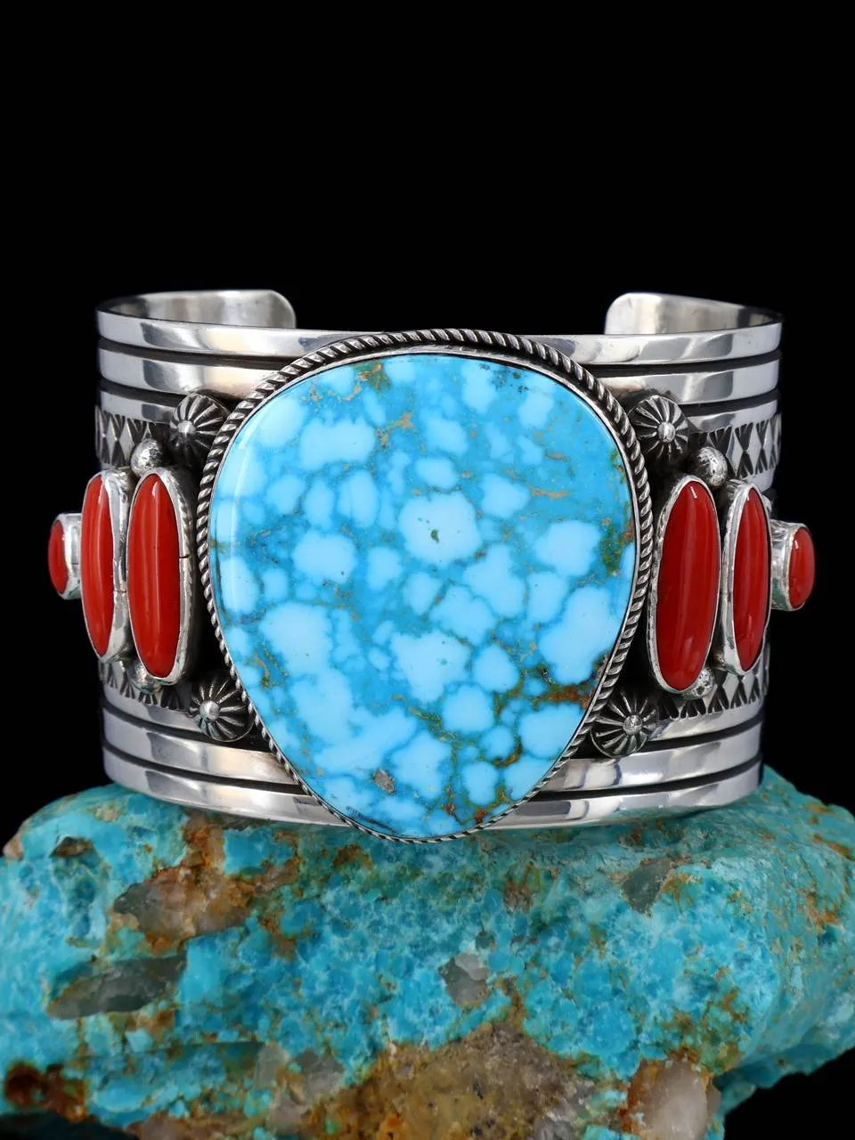 Native American Jewelry Kingman Turquoise & Coral Cuff Bracelet