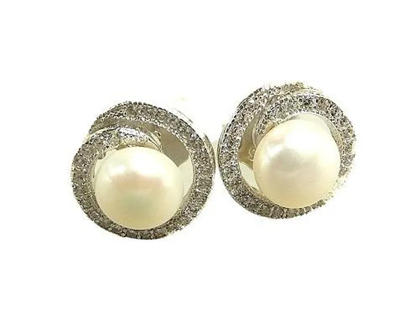 Natural White Pearl Stud Earring with White Topaz Gemstones