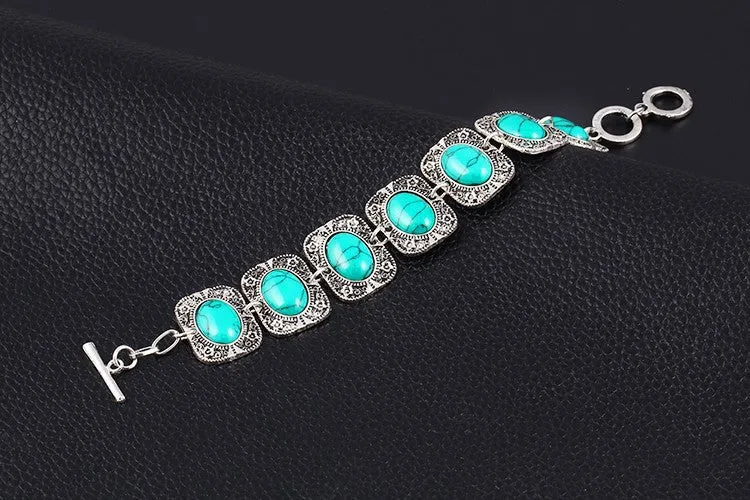 New Fashion Vintage Flower Turquoise jewelry sets Pendant necklace earrings bracelet jewelry set Anniversary Gift for women