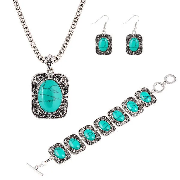 New Fashion Vintage Flower Turquoise jewelry sets Pendant necklace earrings bracelet jewelry set Anniversary Gift for women