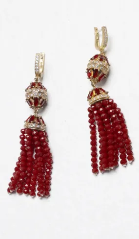 Nilofer Faux Ruby Turkish Tassel Earrings - Maroon