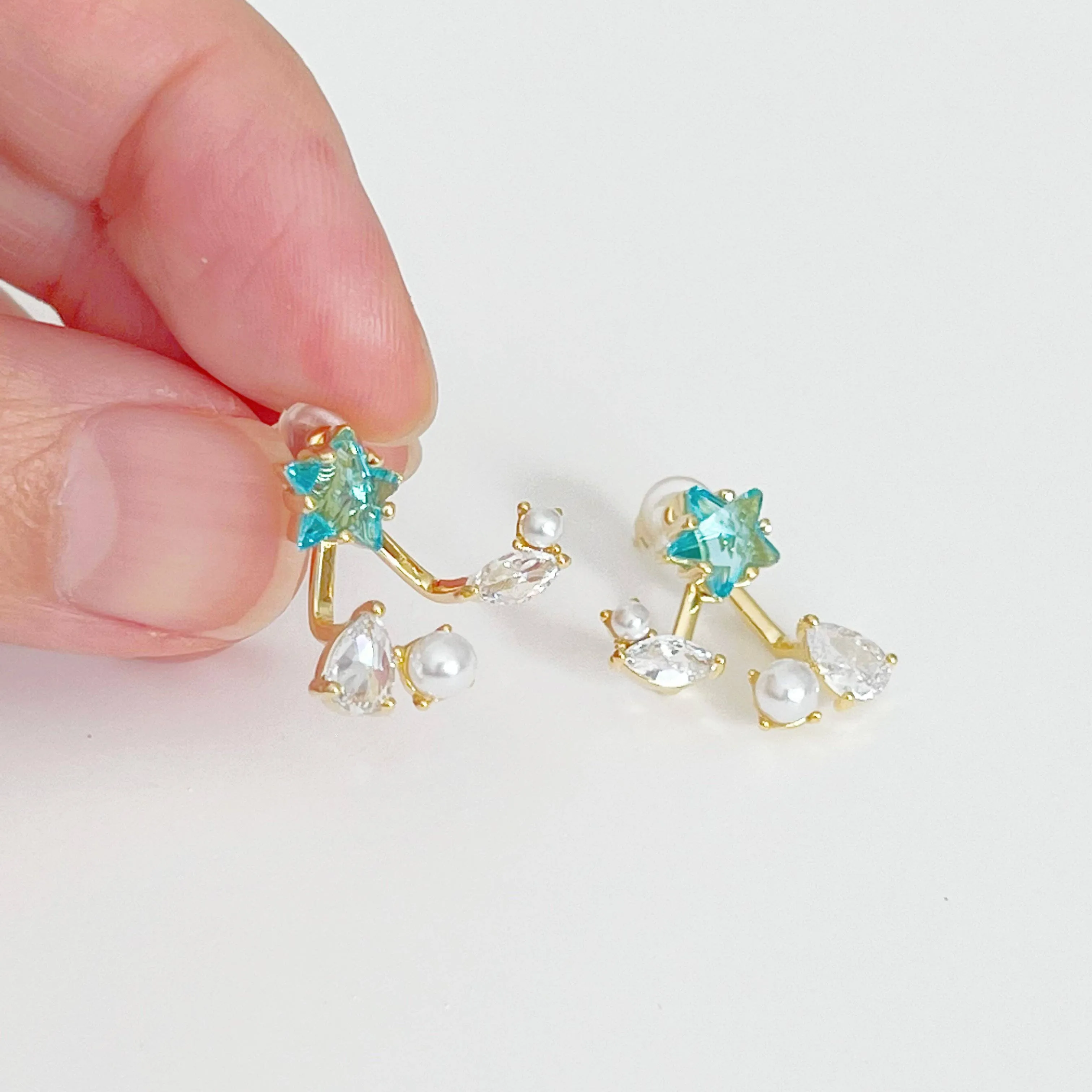 Ninaouity - Blue Star and Teardrop Ear Jackets Earrings