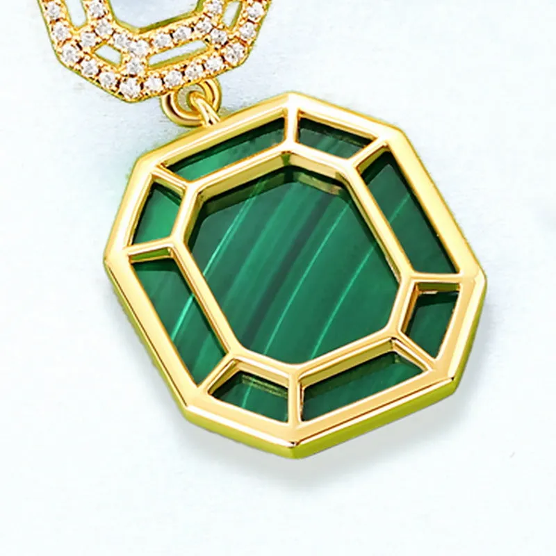 Octagon Shape Malachite Pendant Zircon Sterling Silver Drop Earrings