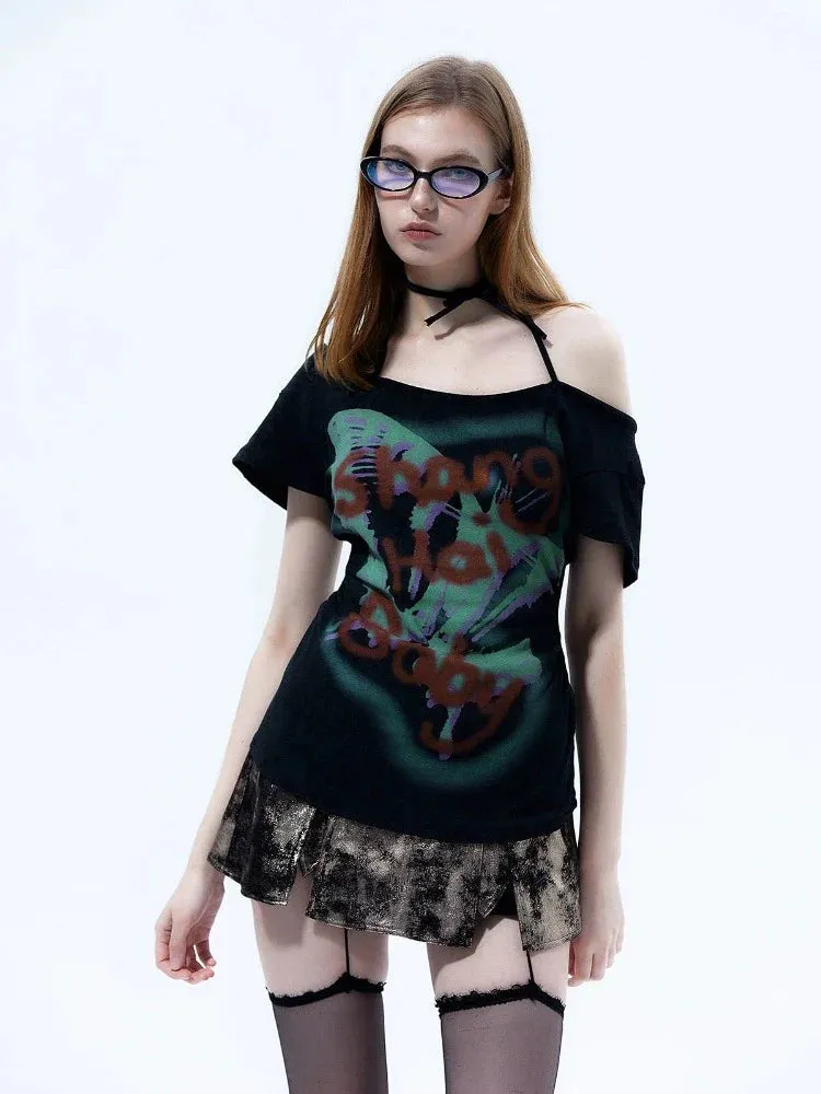 Off-shoulder Graffiti Print Top with Choker Detail