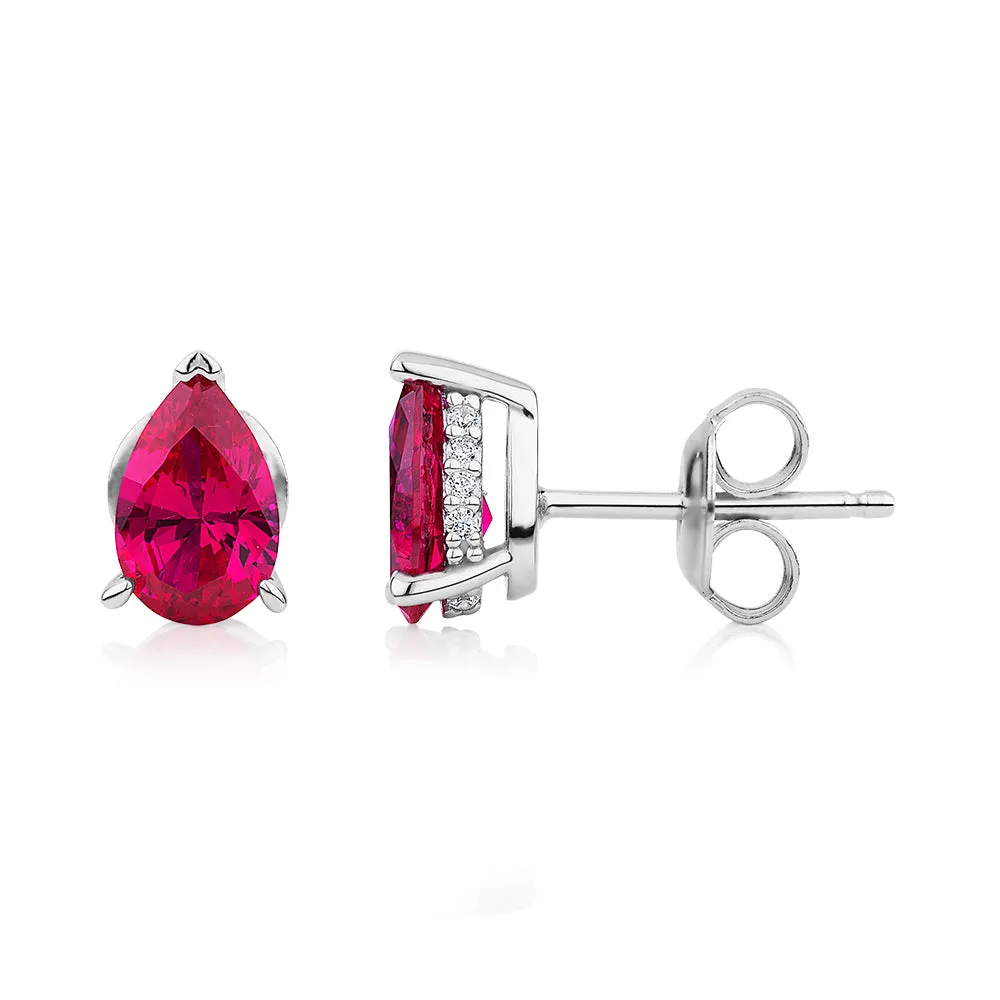 Pear and Round Brilliant stud earrings with ruby and diamond simulants in sterling silver