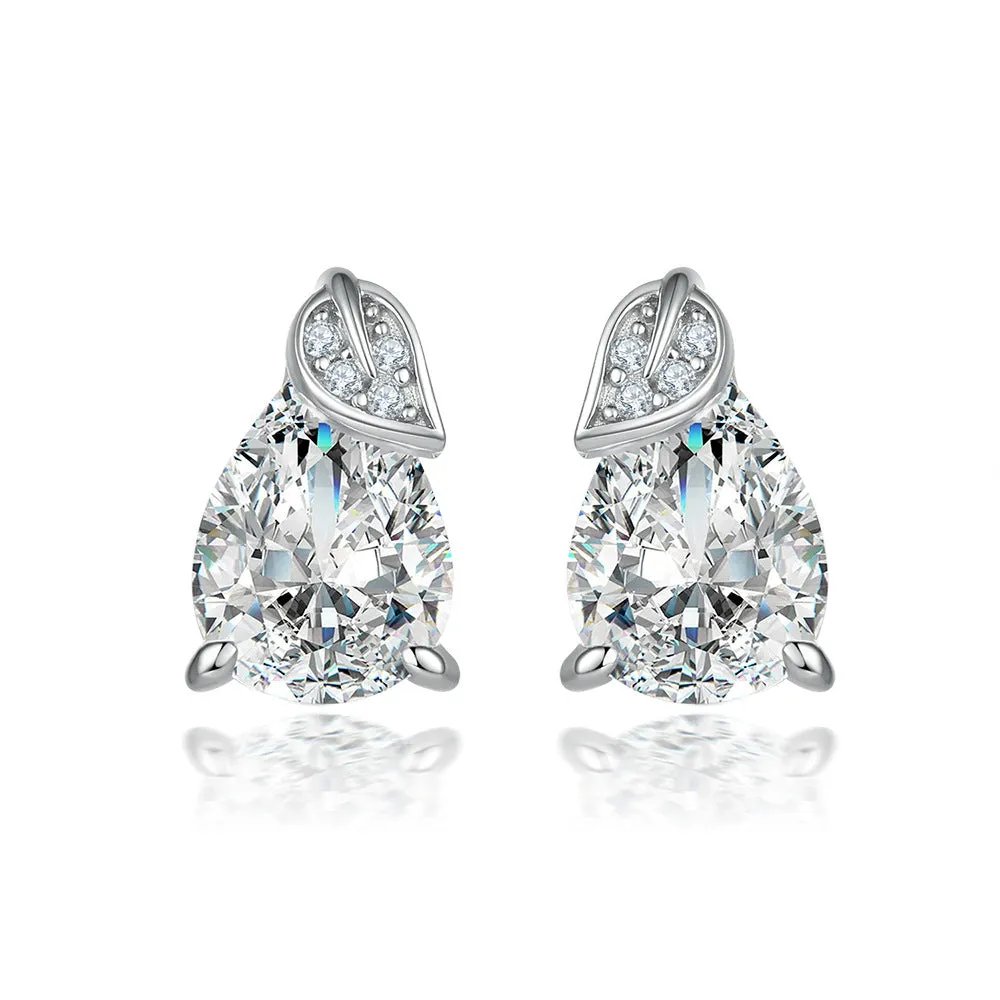 Pear Drop Zircon with Leaf Silver Studs Earrings for Women