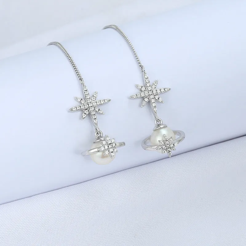 Pearl Planet with Zircon Octagonal Star Ear Line Silver Drop Earrings for Women