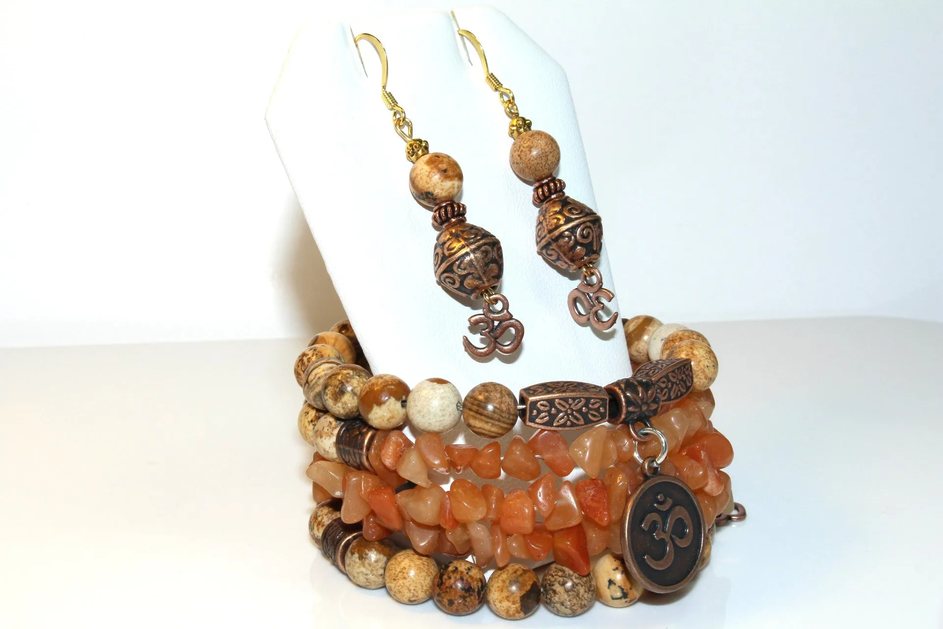 Picture Jasper And Red Aventurine Gemstone, Om Charms Cuff Wrap Bracelet And Earrings Set