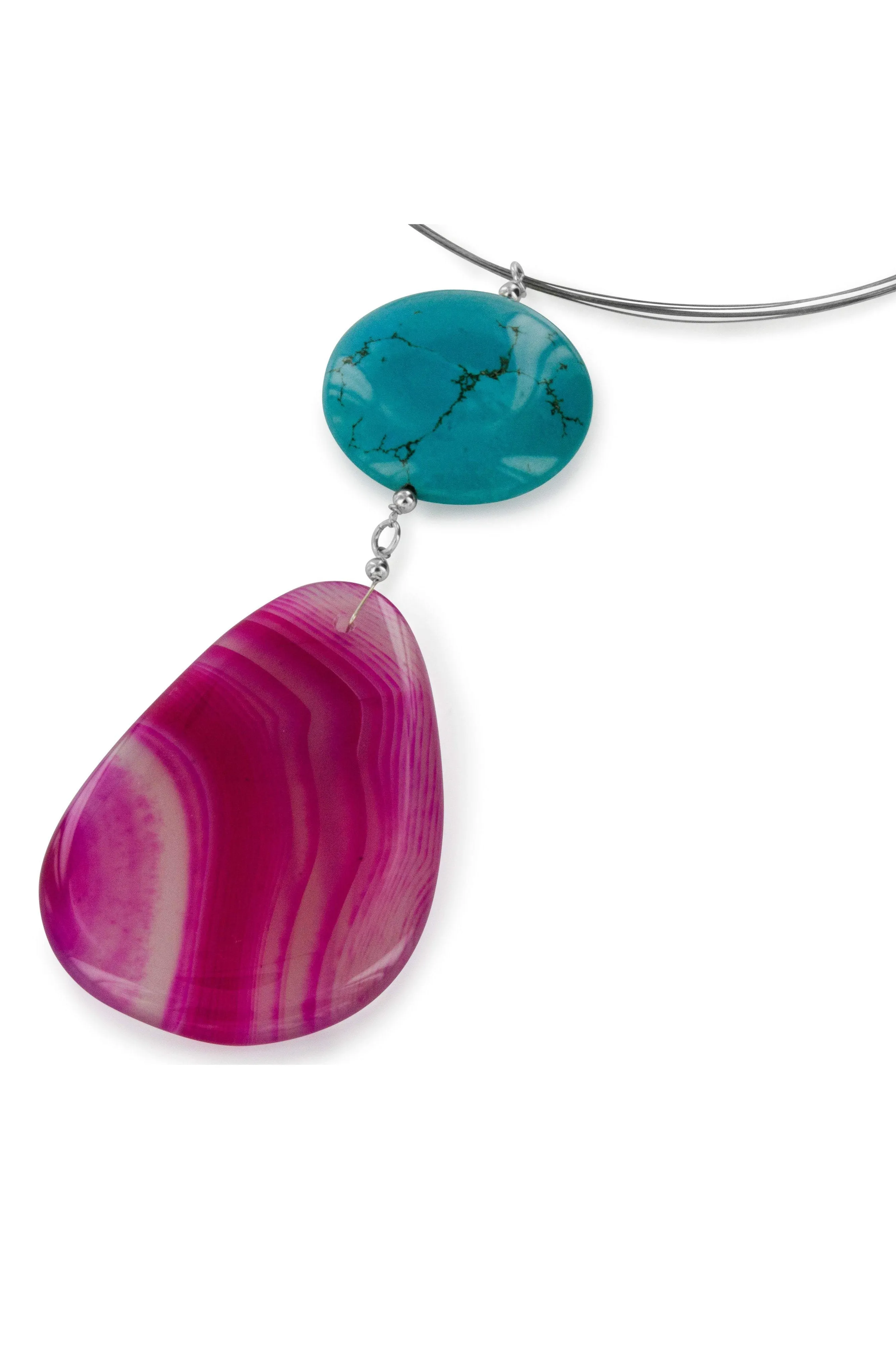 Pink Agate, Blue Turquoise Gemstone Large Pendant