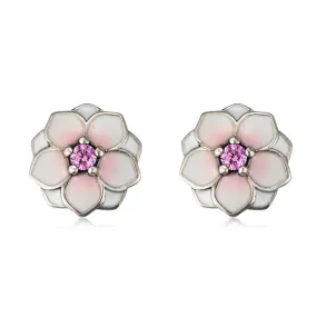 Pink Enamel Magnolia Flower Sterling Silver Studs Earrings for Women