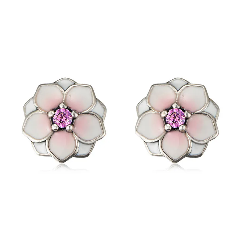 Pink Enamel Magnolia Flower Sterling Silver Studs Earrings for Women