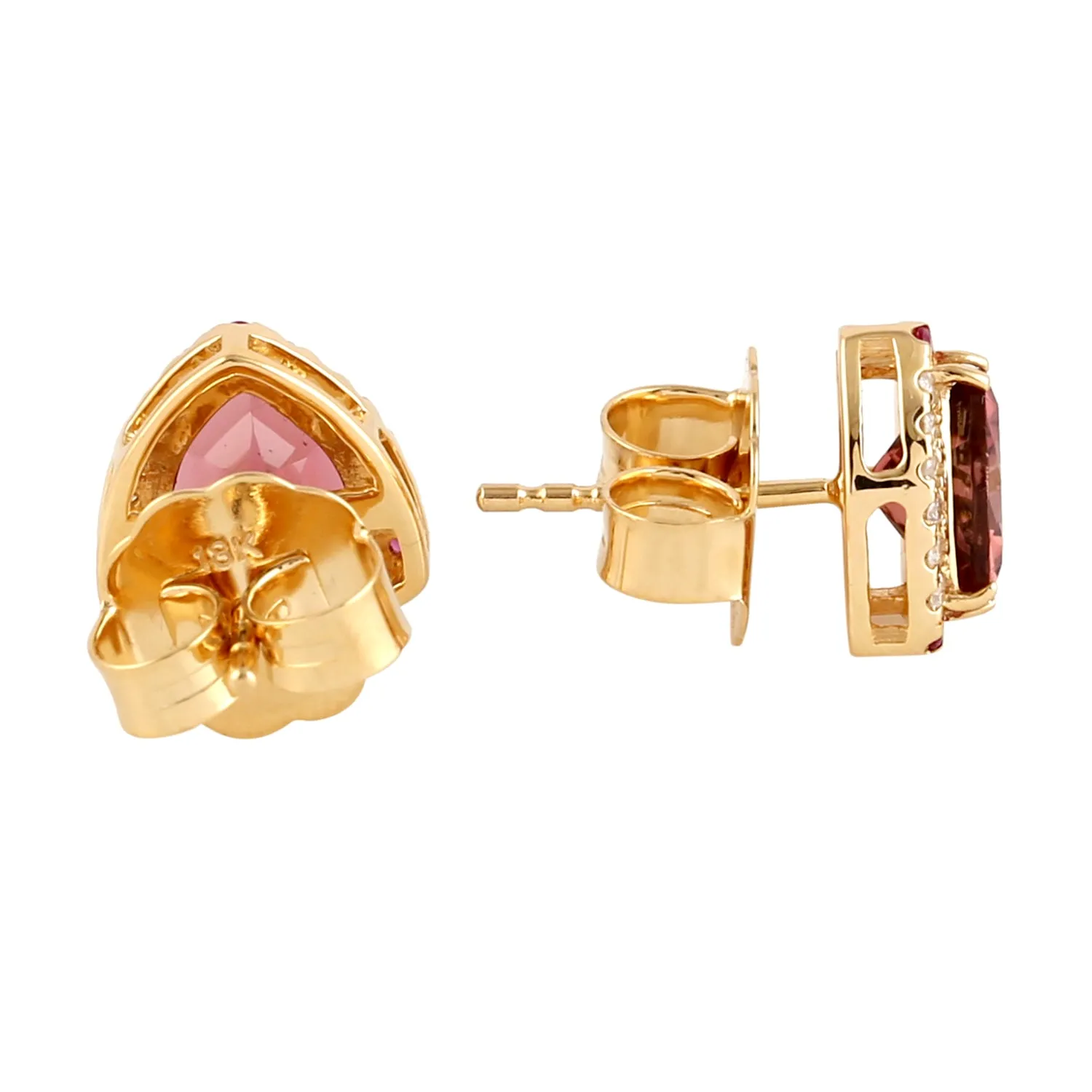 Pink Tourmaline Ruby Diamond Trillion Cut Stud Earrings In 18k Yellow Gold