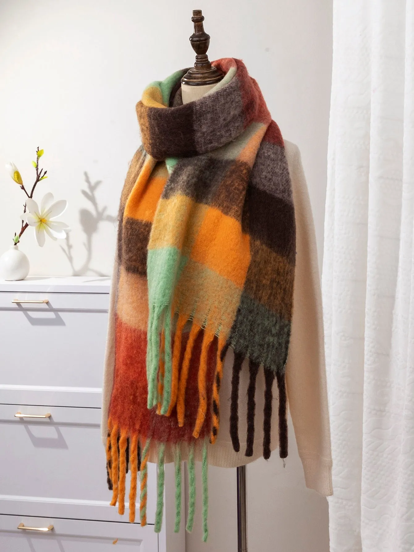 Plaid Fringe Hem Scarf