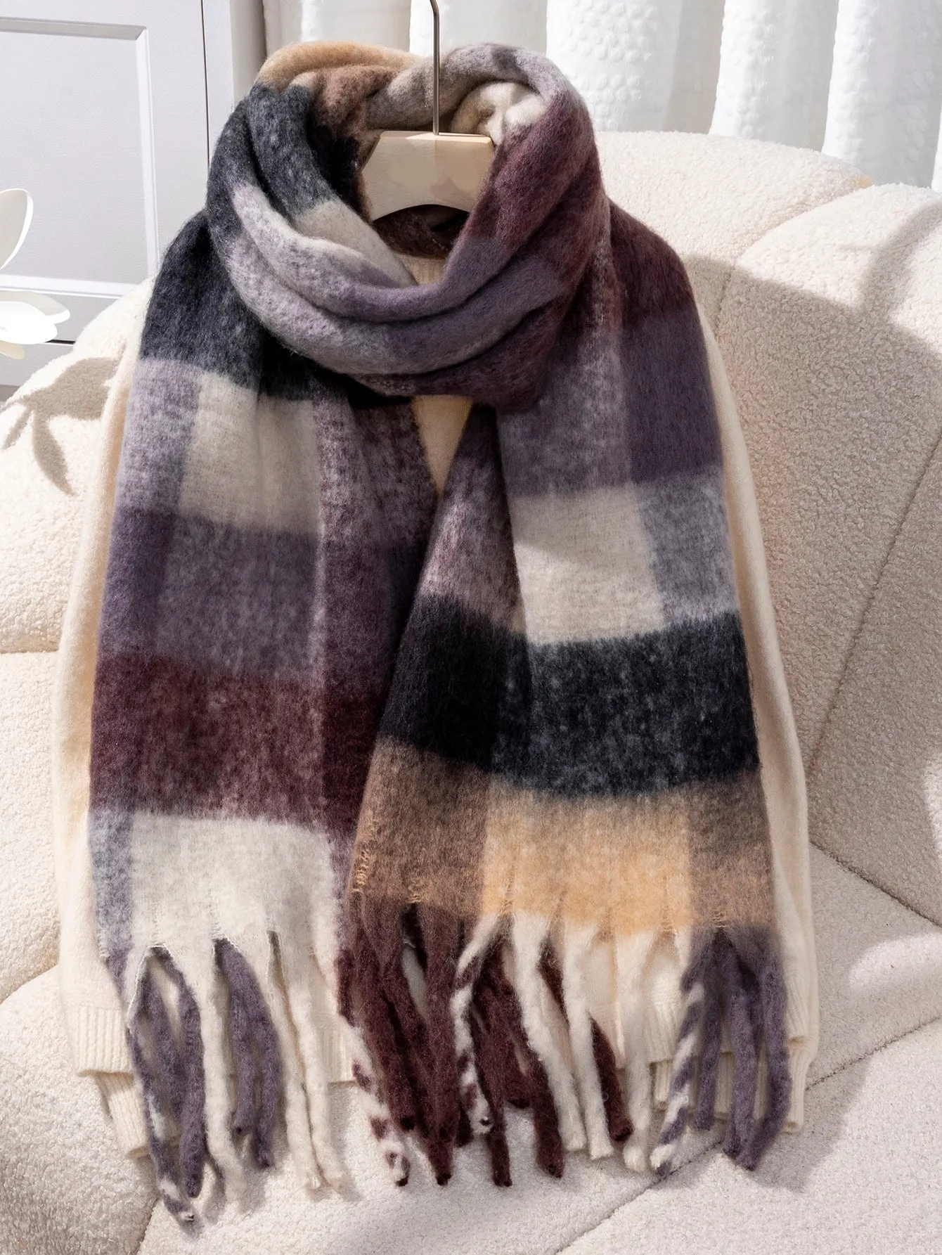 Plaid Fringe Hem Scarf