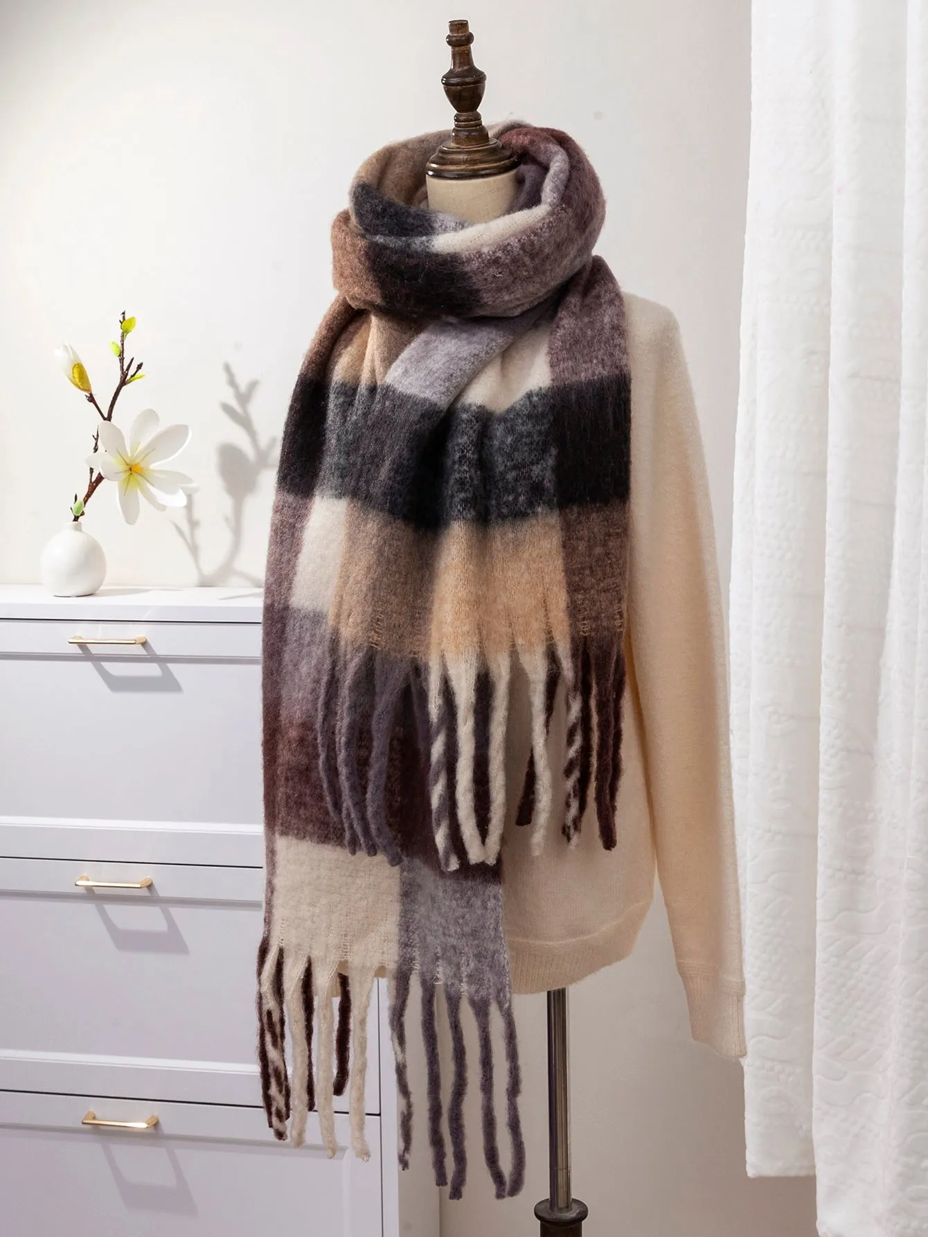 Plaid Fringe Hem Scarf