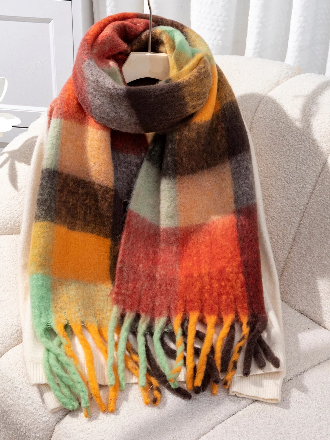 Plaid Fringe Hem Scarf