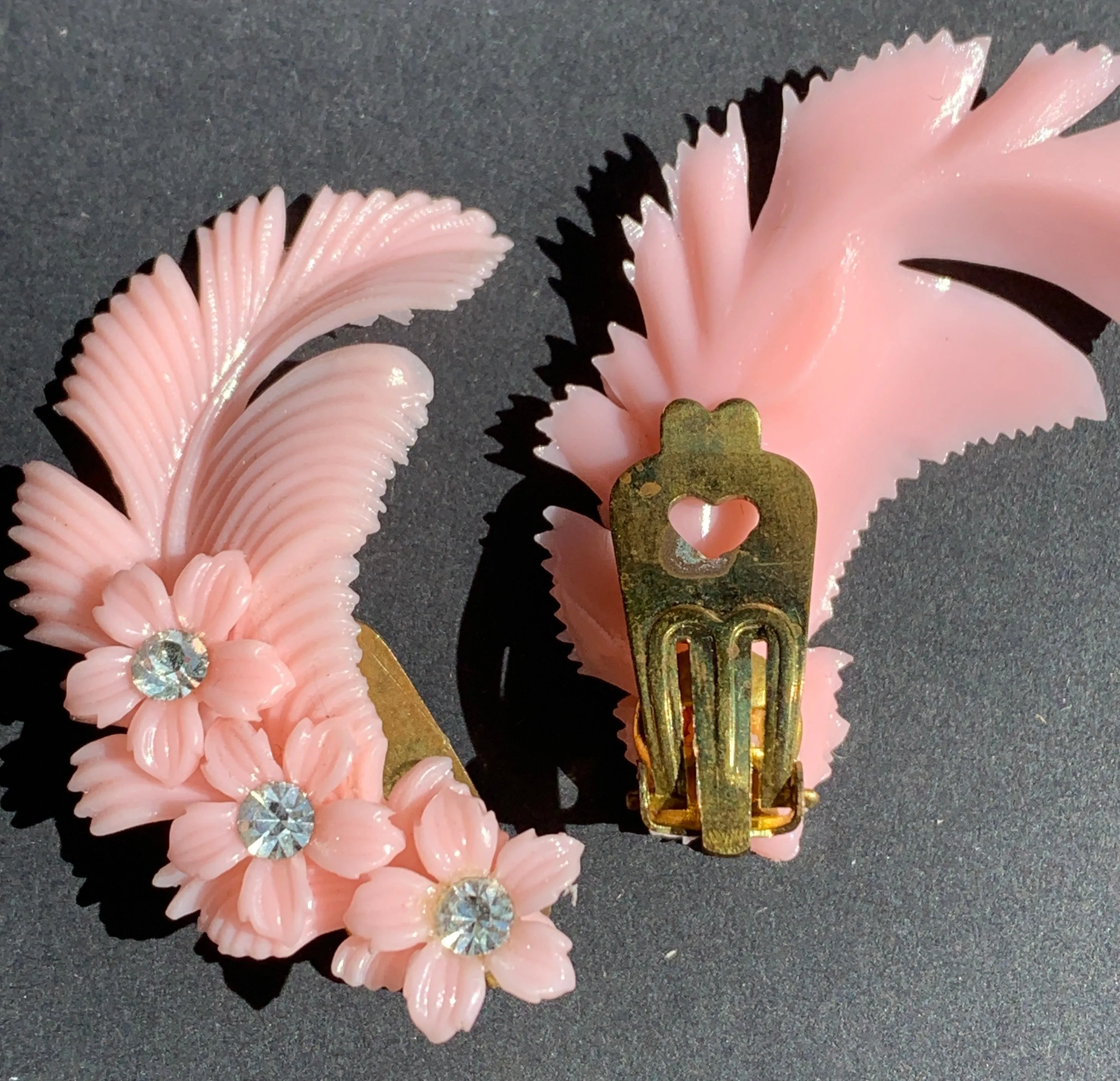 Pretty Pink Diamante Flower and Feather Vintage Clip-on Earrings