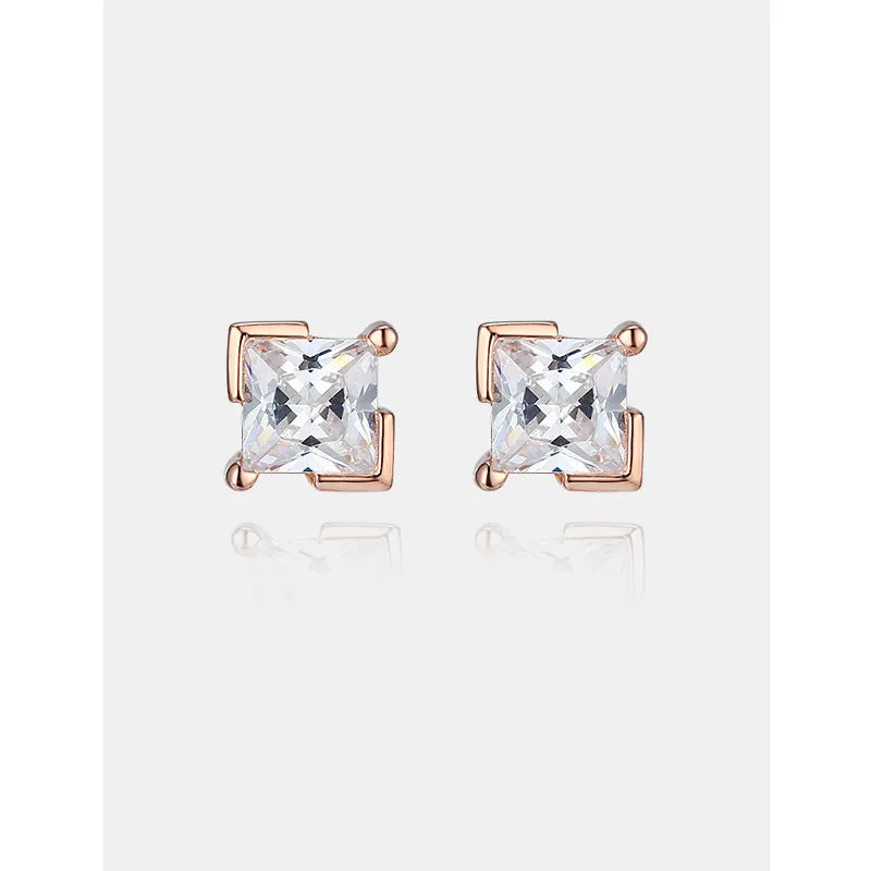 Princess Cut Zircon Four Prongs Silver Studs Earrings for Women