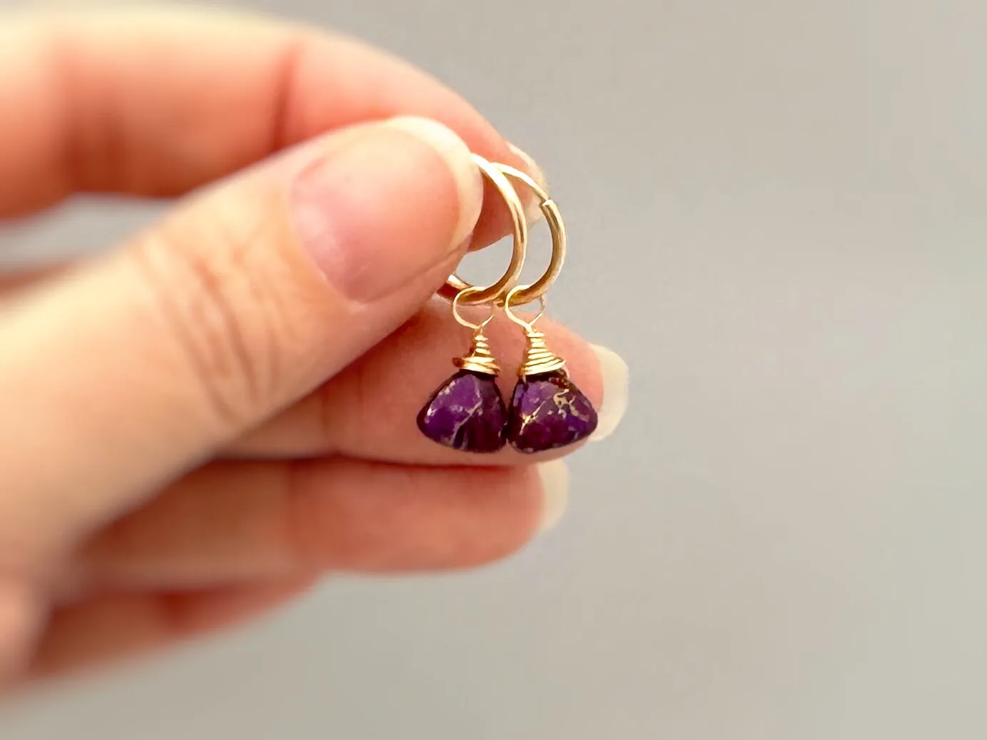 Purple Copper Turquoise Earrings Dangle Huggie Hoops