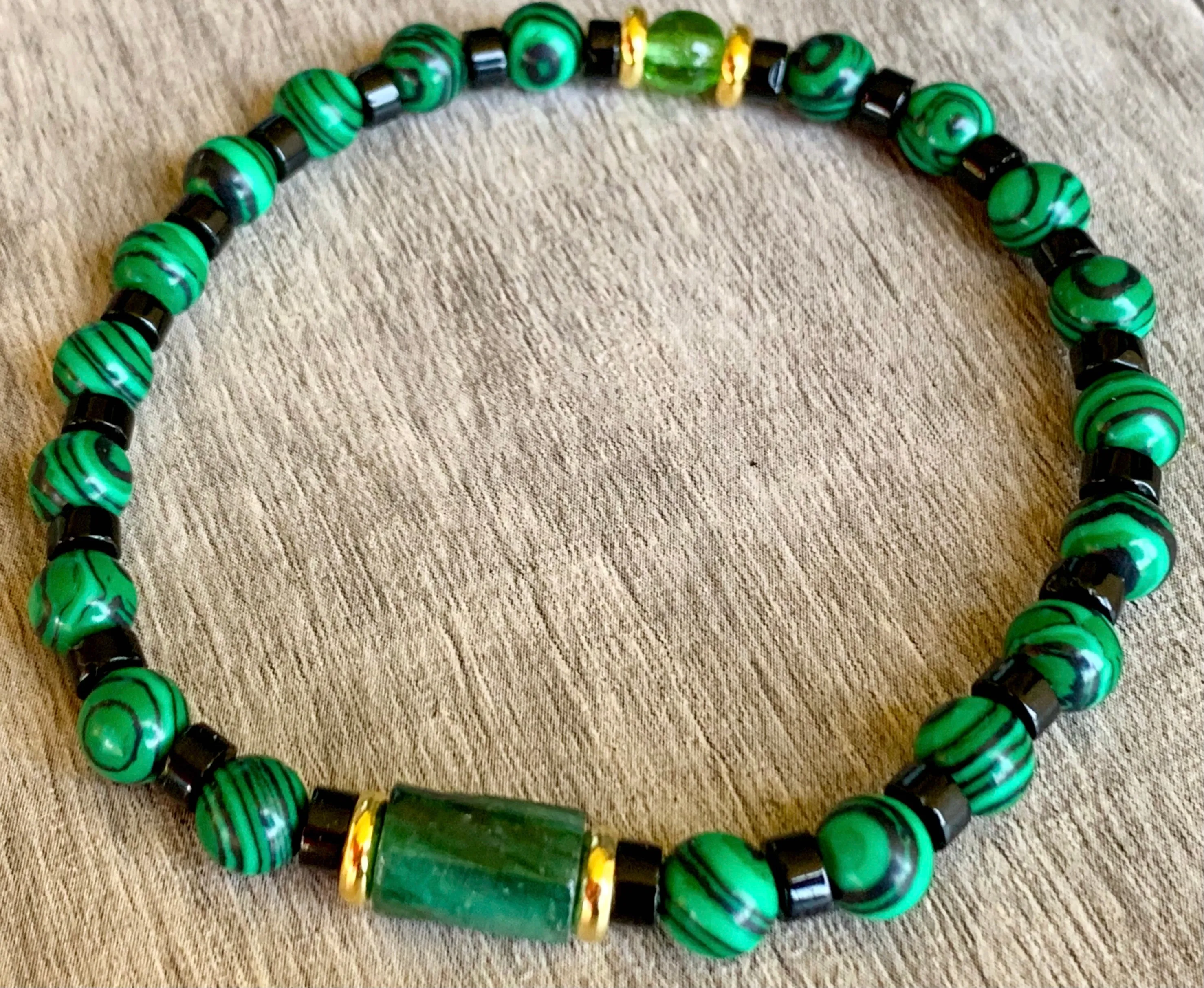 Quinn Handmade Emerald, Malachite, Black Quartz, and Moldavite Expandable Bracelet/ Anklet