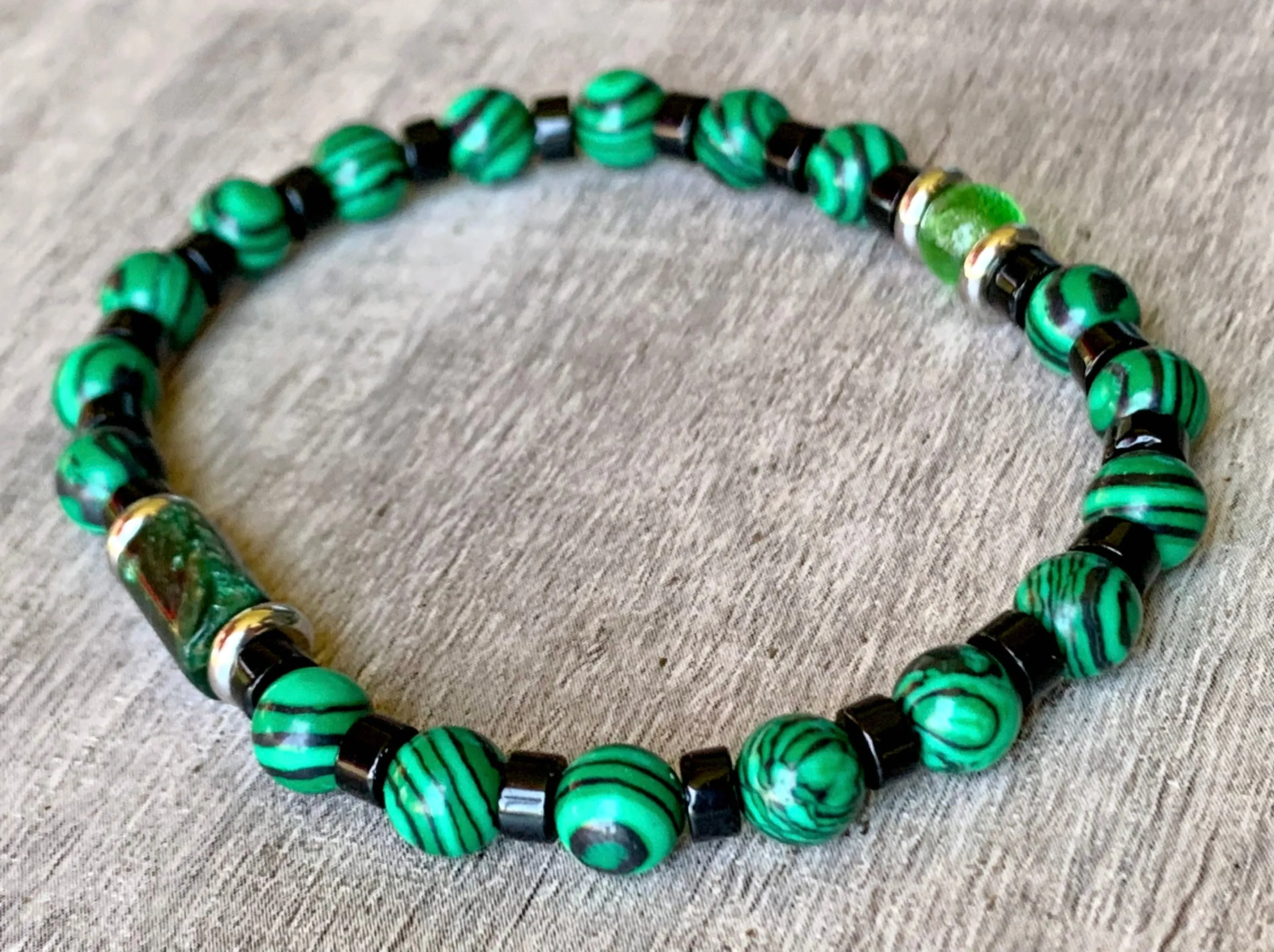 Quinn Handmade Emerald, Malachite, Black Quartz, and Moldavite Expandable Bracelet/ Anklet