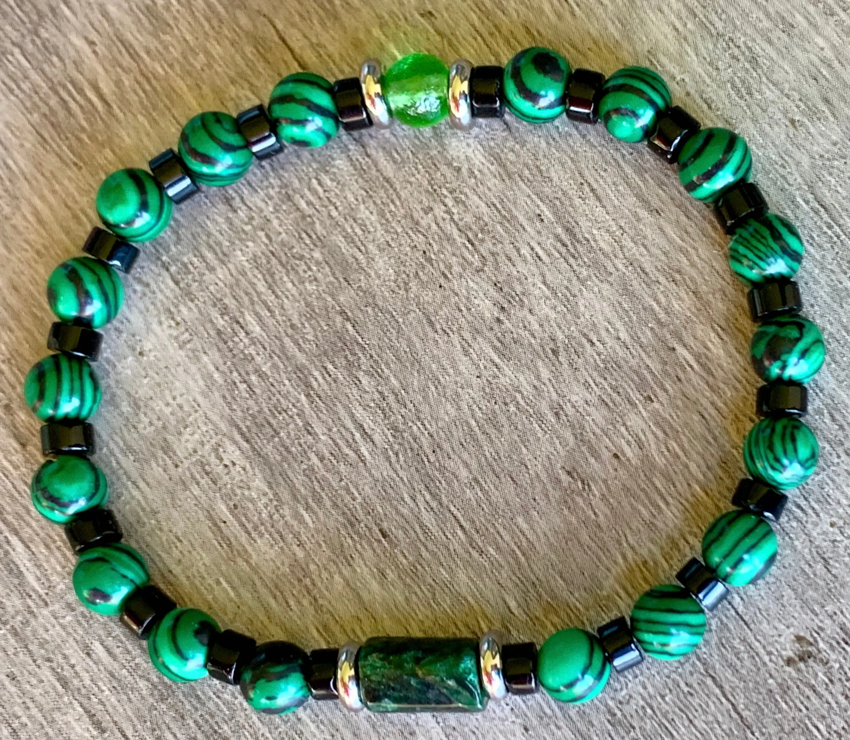 Quinn Handmade Emerald, Malachite, Black Quartz, and Moldavite Expandable Bracelet/ Anklet