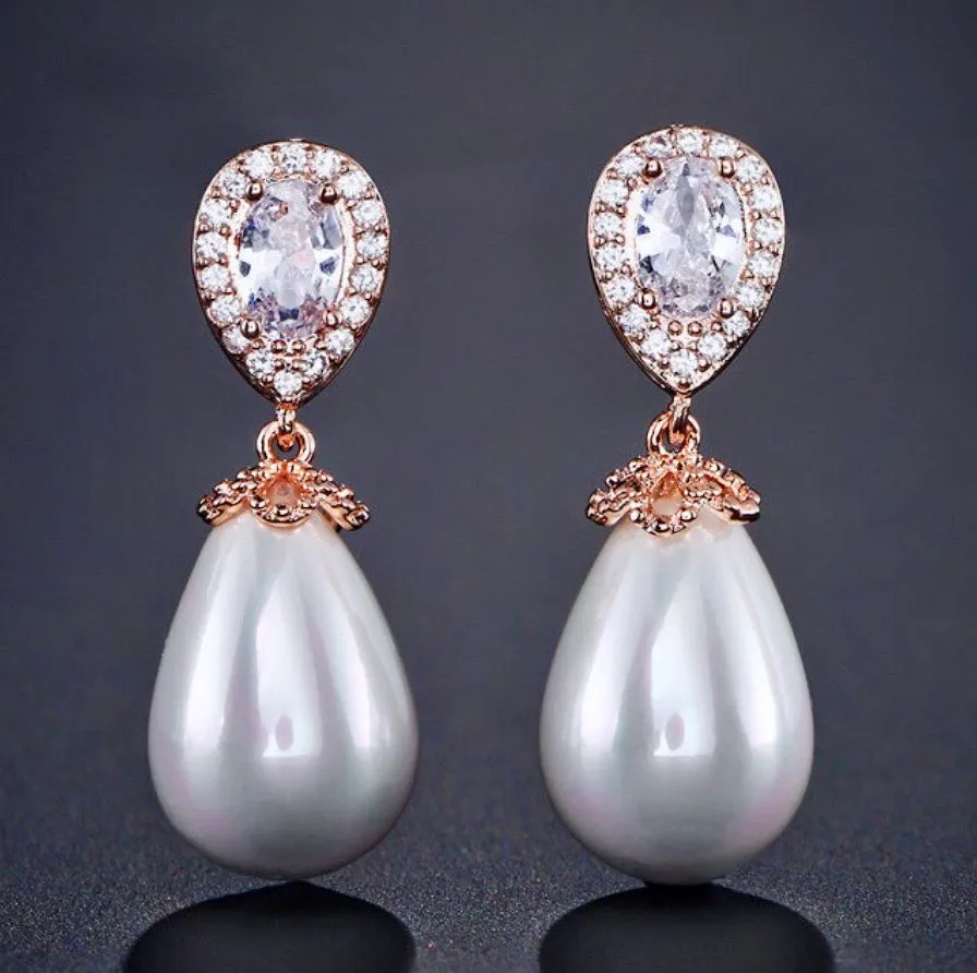 "Kendalyn" - Pearl and Cubic Zirconia Bridal Earrings - Available in Silver, Rose Gold and Yellow Gold