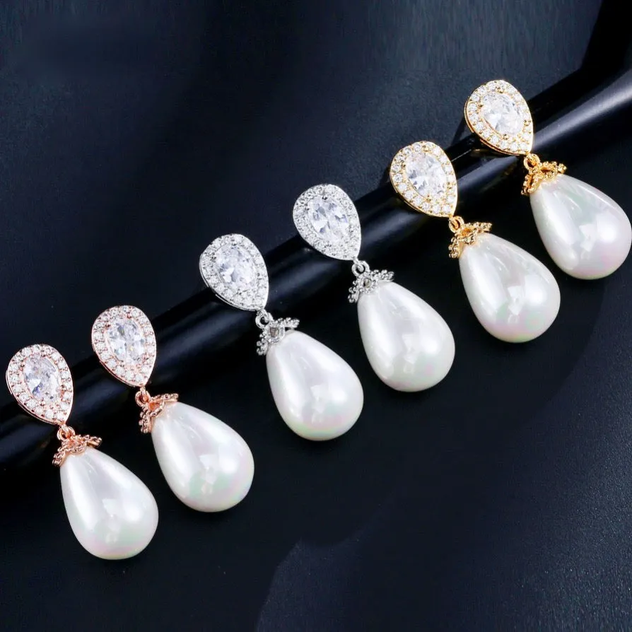 "Kendalyn" - Pearl and Cubic Zirconia Bridal Earrings - Available in Silver, Rose Gold and Yellow Gold