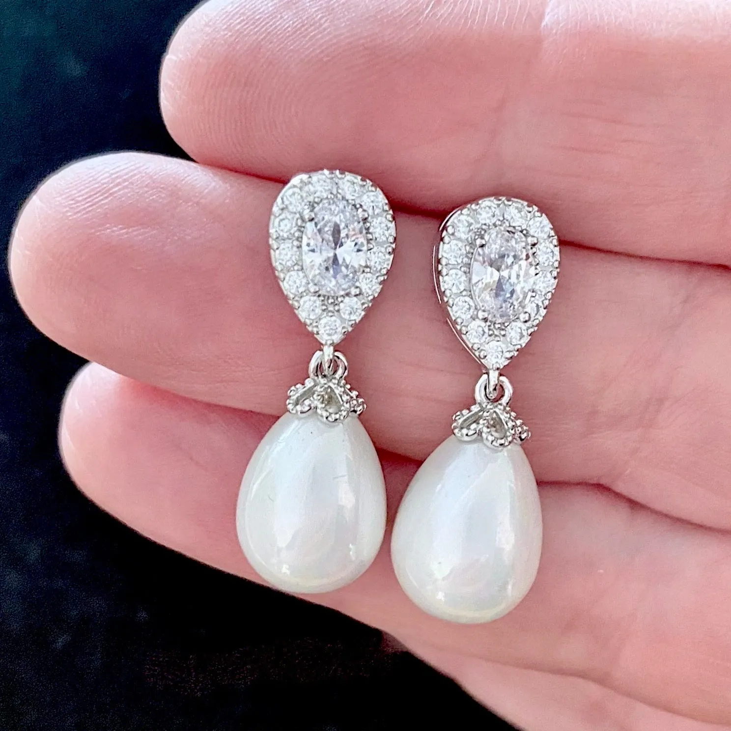 "Kendalyn" - Pearl and Cubic Zirconia Bridal Earrings - Available in Silver, Rose Gold and Yellow Gold