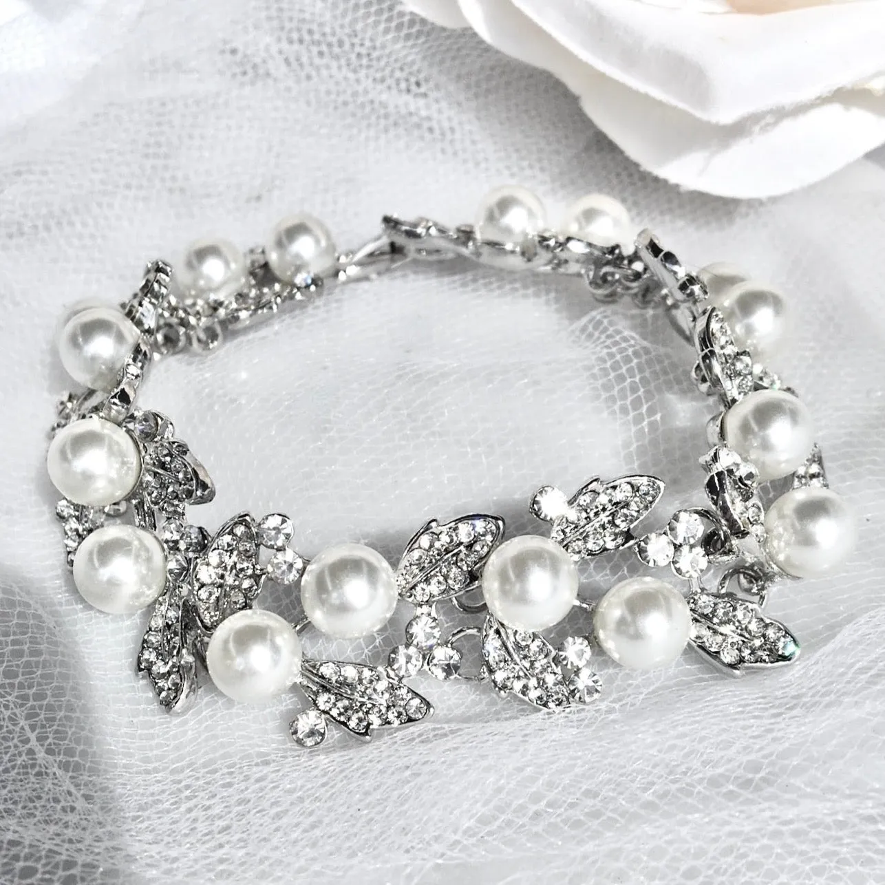 "Sidra" - Pearl and Rhinestone Bridal Bracelet - Available in Silver and Gold