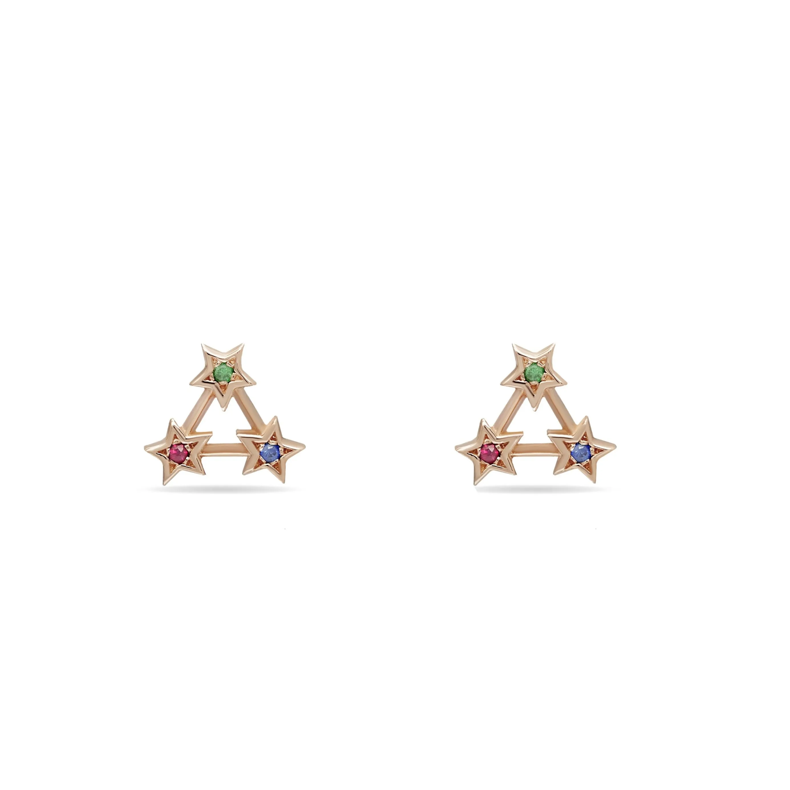 Rainbow Star Stud Earring - 14 karat gold earring studs, ruby 0.02ct, sapphire 0.02ct, emerald 0.02ct