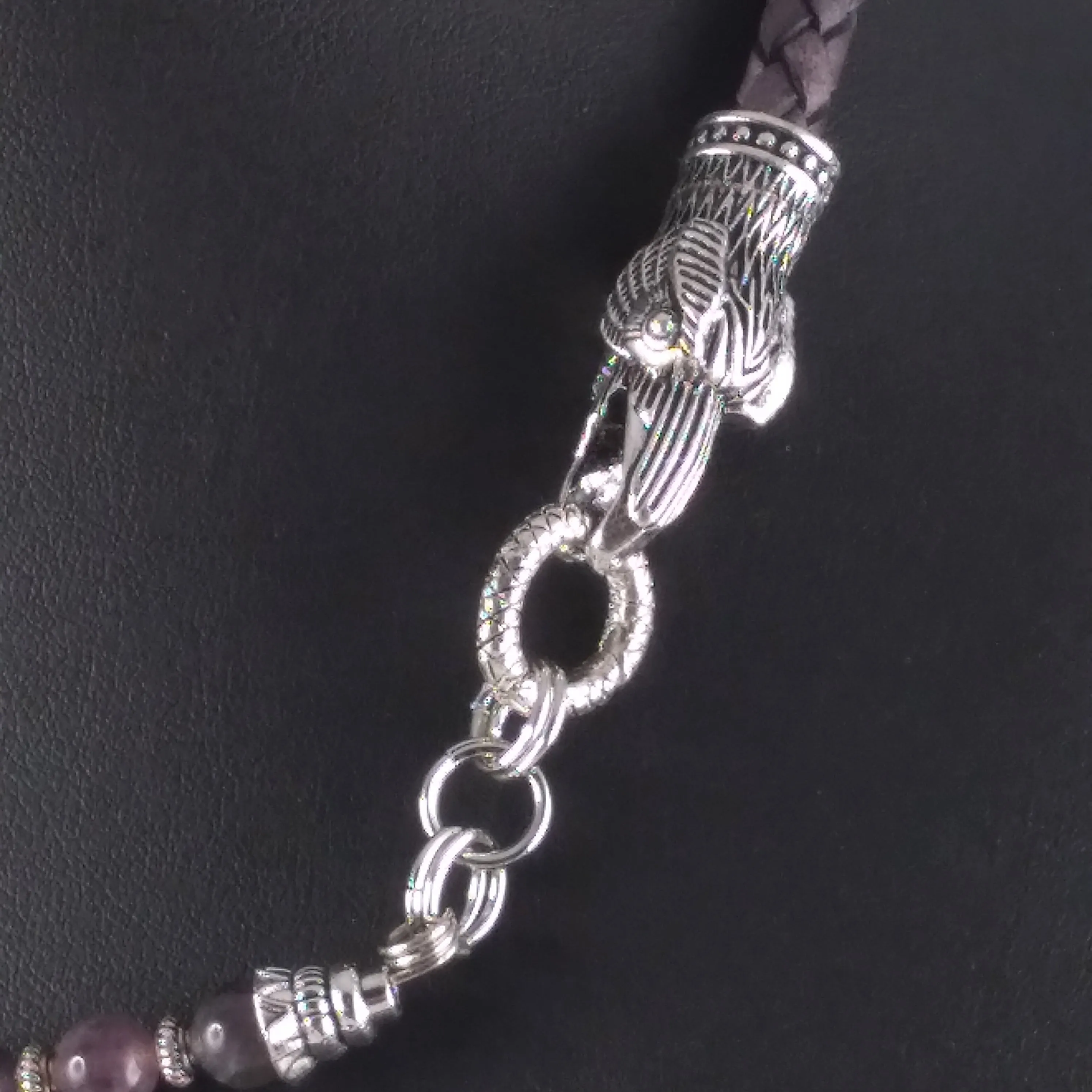 Raven Necklace Choker Silver Gray Leather Amethyst Beads