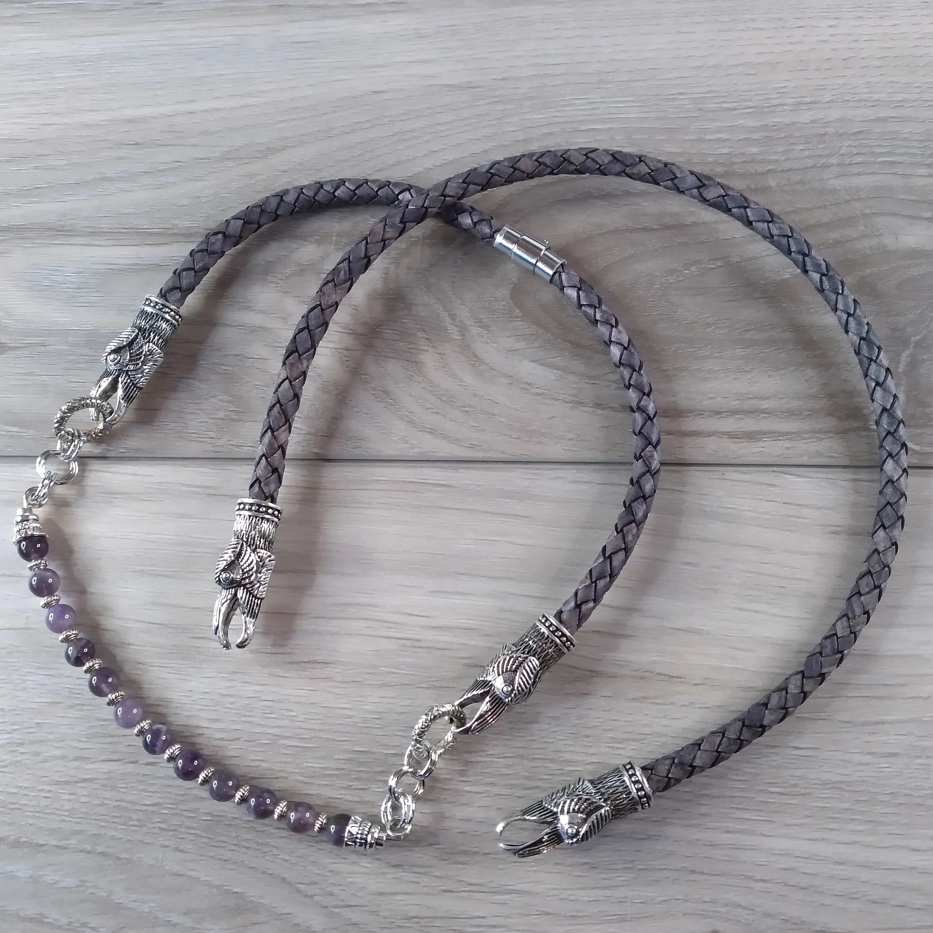 Raven Necklace Choker Silver Gray Leather Amethyst Beads