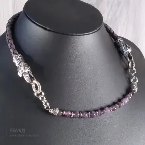 Raven Necklace Choker Silver Gray Leather Amethyst Beads