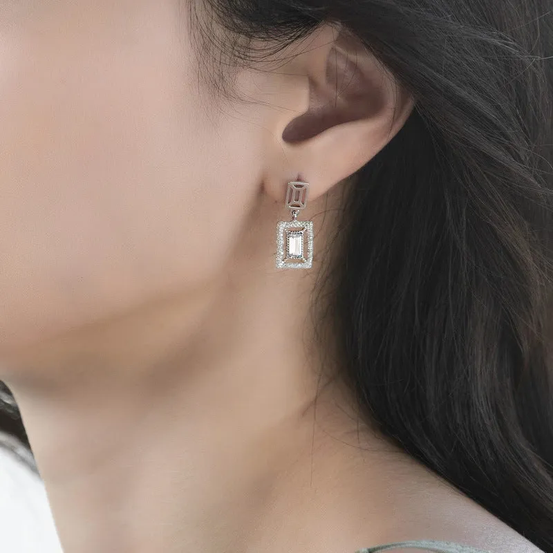 Rectangle Zircon with Wavy Halo Sterling Silver Drop Earrings