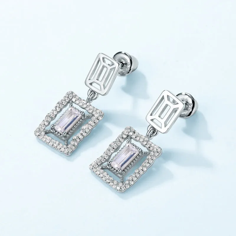 Rectangle Zircon with Wavy Halo Sterling Silver Drop Earrings