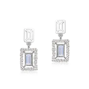 Rectangle Zircon with Wavy Halo Sterling Silver Drop Earrings