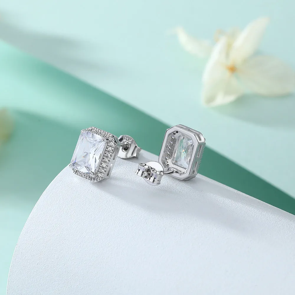 Rectangular Zircon Solesta Halo Silver Studs Earrings for Women