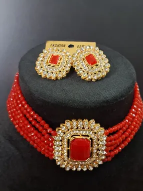 Red Colour Choker Necklace with Earring