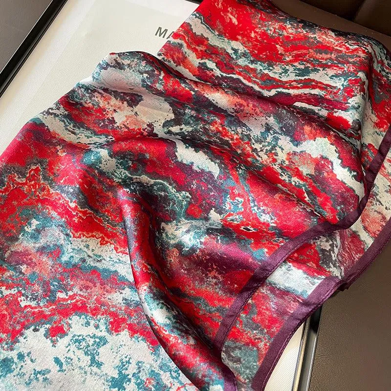 Red marbling print 100% mulberry Silk Scarf/Silk head scarf/Silk hair scarf/Silk neck scarf/Mother's Day Gifts/Bag Accessory/Gift for her