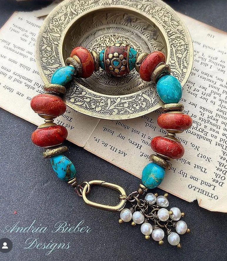 Red sponge coral, kingman turquoise, nepal bead, Indonesian glass, pearls, African brass, bracelet