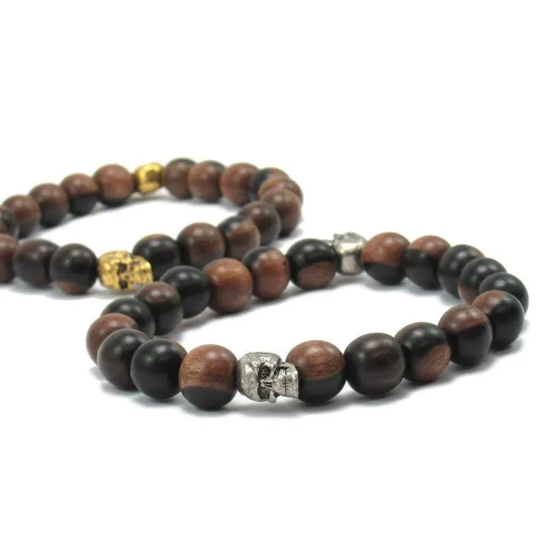 Robles Wood Stretch Bracelet with Metal Skull Beads