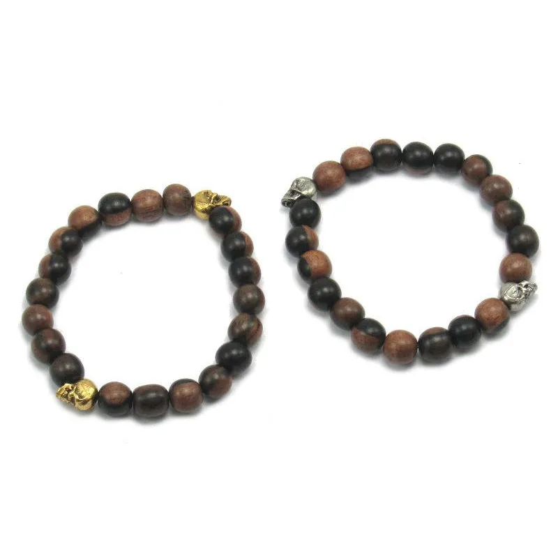 Robles Wood Stretch Bracelet with Metal Skull Beads