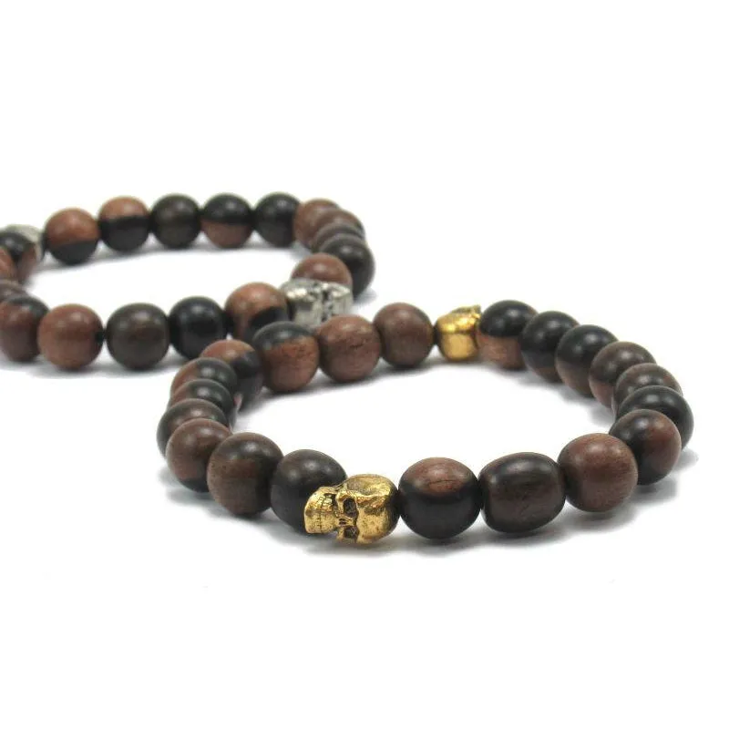 Robles Wood Stretch Bracelet with Metal Skull Beads